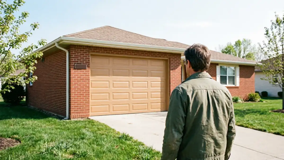 A technician stands on a driveway looking at a tan garage door on a brick house.
