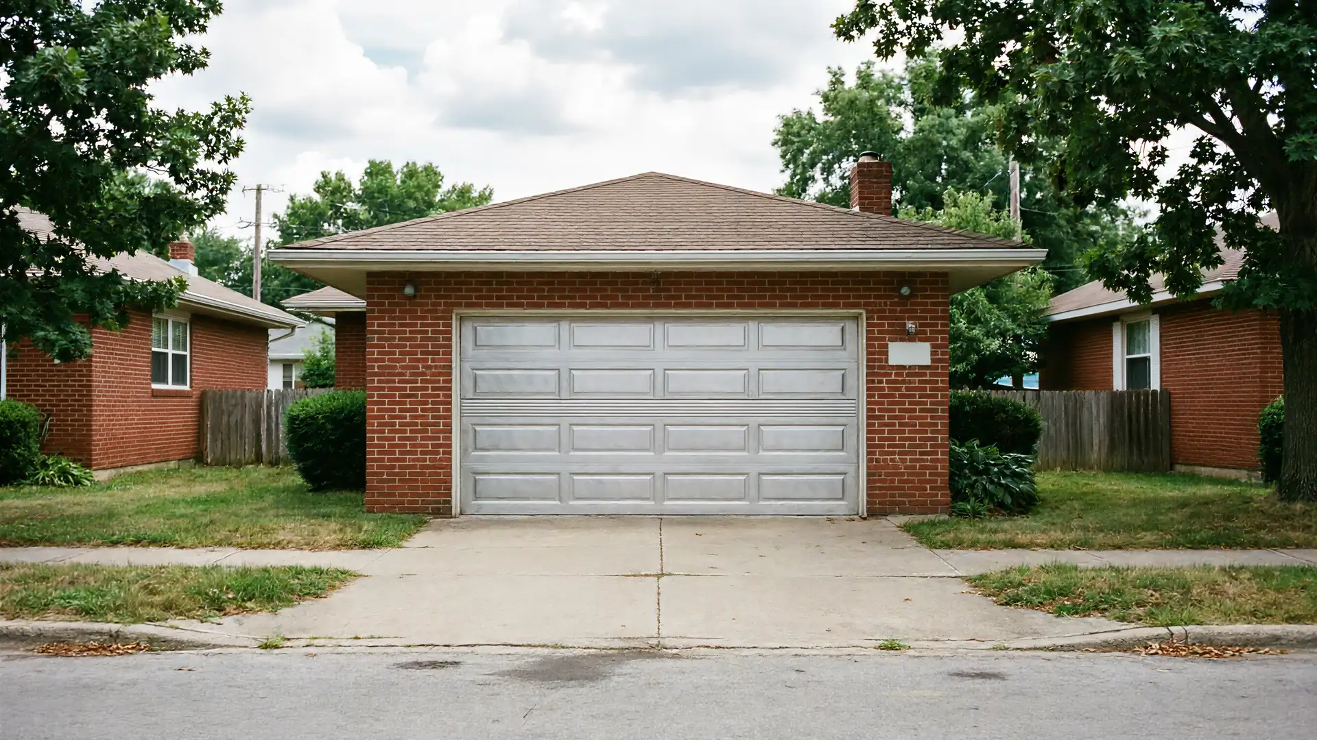 A brick garage with a light gray paneled garage door and a brown roof.