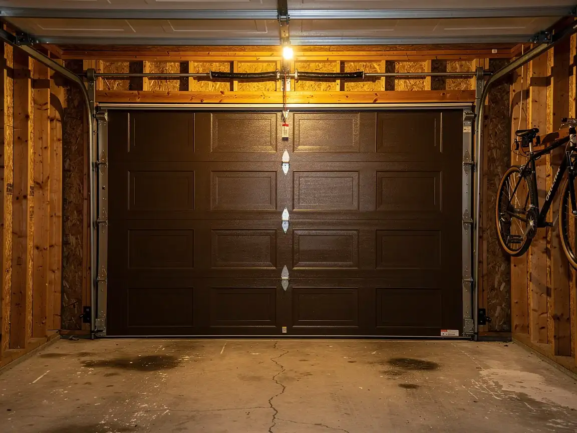 A closed brown garage door is seen from inside a garage with a bicycle.